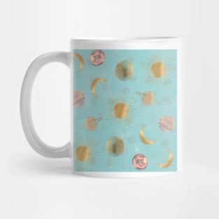 Gold Sun Moon Planets Space Blue illustration Mug